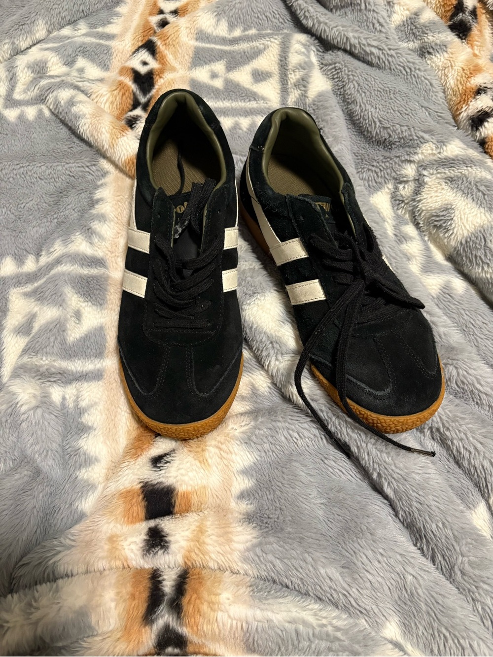 Gola Black Suede Sneakers with White Stripes and Gum Sole